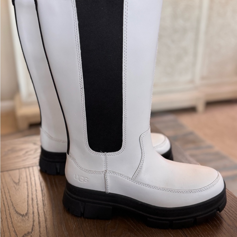 UGG White and Black Knee-High Leather Winter Rain Boots